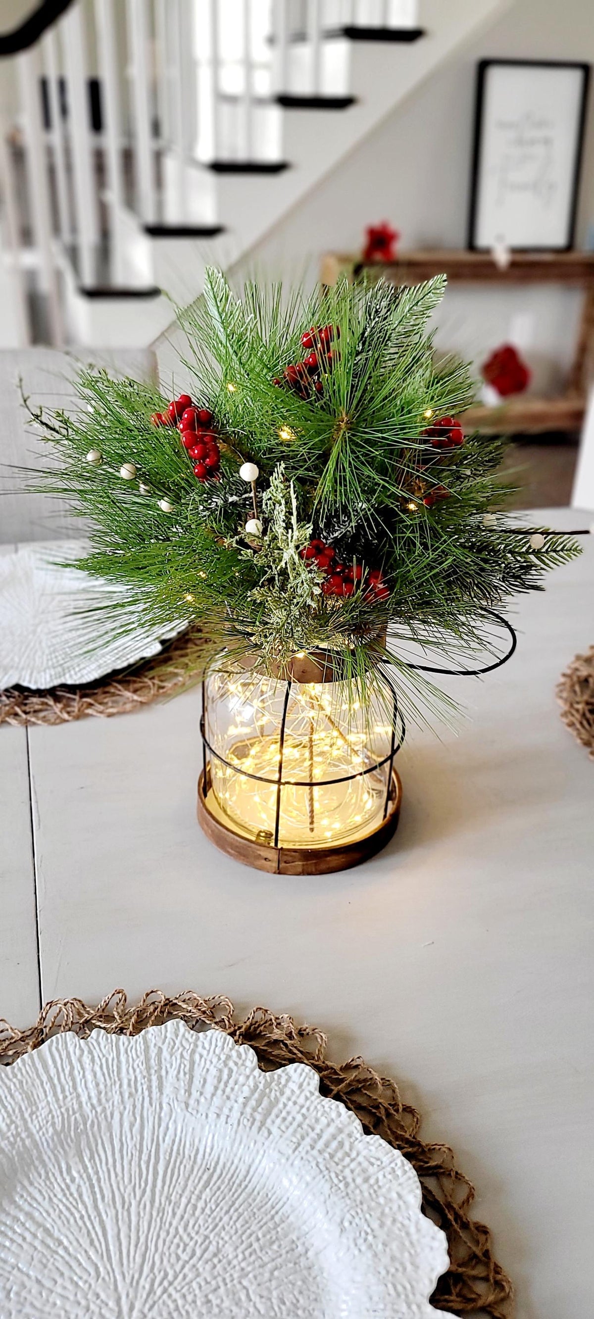 Christmas Lantern Centerpiece – Lighted Farmhouse Pine Berry Table