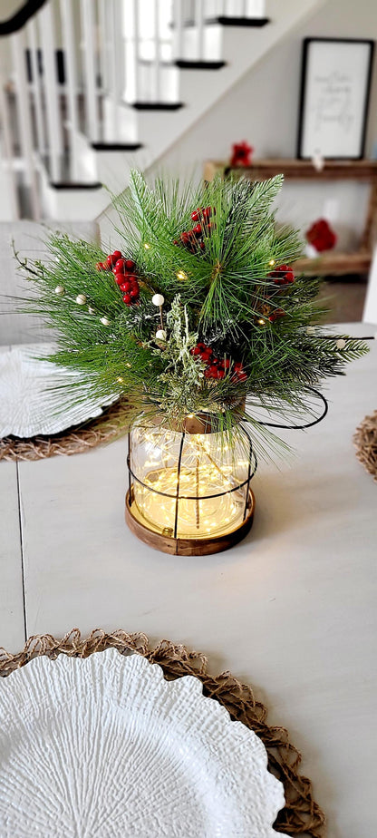 Christmas Lantern Centerpiece – Lighted Farmhouse Pine Berry Table