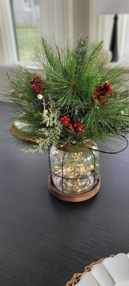 Christmas Lantern Centerpiece – Lighted Farmhouse Pine Berry Table