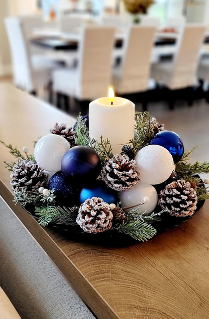 Christmas Table Centerpiece – White Ornament Farmhouse Arrangement