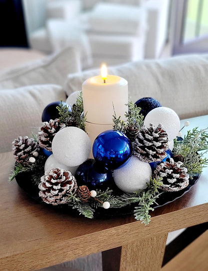 Christmas Table Centerpiece – White Ornament Farmhouse Arrangement