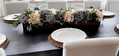 Handcrafted Gift Men Wood Box Centerpiece Farmhouse Hydrangea Arrangement Rustic Botanical Design White Cream Brown  Container Country Style Home Accent Dining Table Display Kitchen Styling Beautiful Natural Greenery Artisan Quality