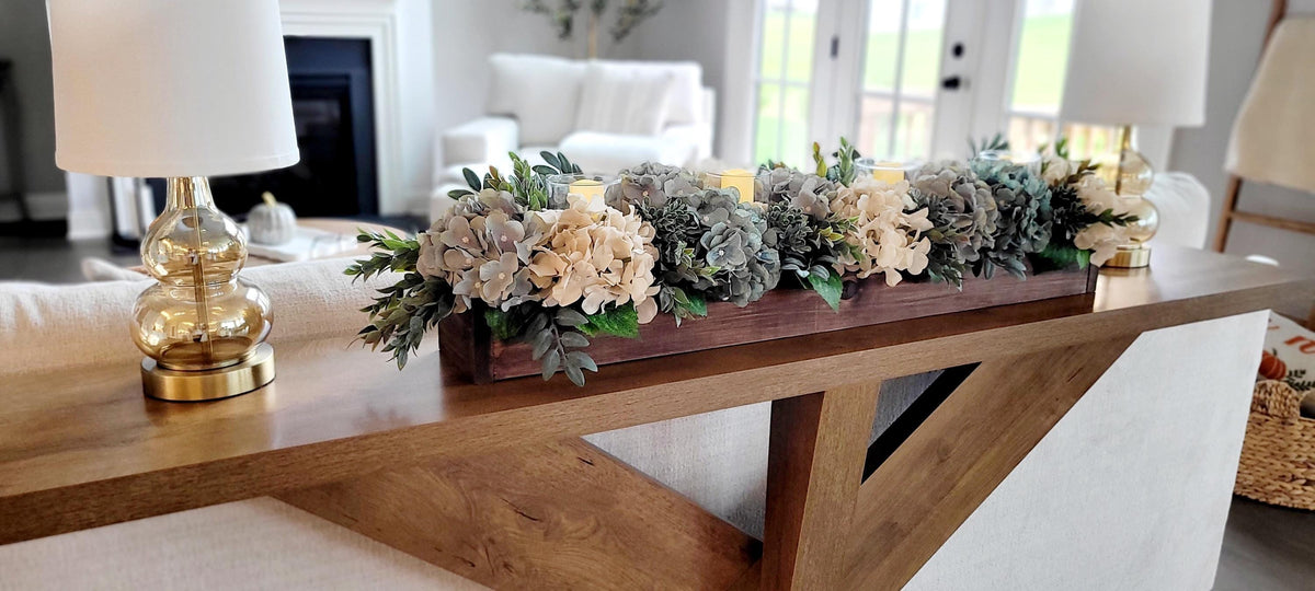 Hydrangea Flower Arrangement Farmhouse Centerpiece Wood Box Display Rustic Home Styling White Cream Blooms Brown Container Handcrafted Botanical Design Country Kitchen Accent Dining Table Essential Perfect Gift Men Natural Greenery Details