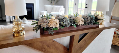 Hydrangea Flower Arrangement Farmhouse Centerpiece Wood Box Display Rustic Home Styling White Cream Blooms Brown Container Handcrafted Botanical Design Country Kitchen Accent Dining Table Essential Perfect Gift Men Natural Greenery Details