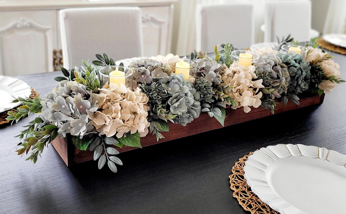 Farmhouse Table Centerpiece – Hydrangea Wood Box with Candles