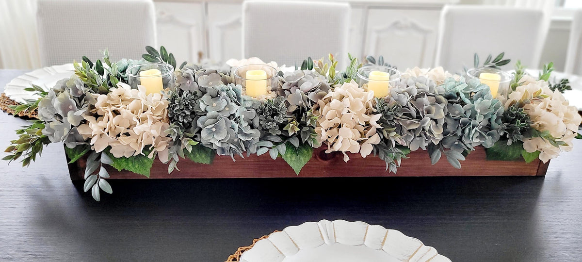Farmhouse Table Centerpiece – Hydrangea Wood Box with Candles