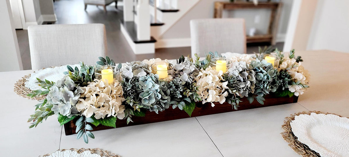 Farmhouse Table Centerpiece – Hydrangea Wood Box with Candles