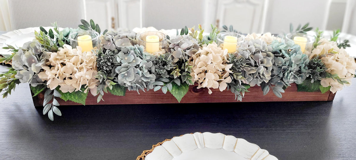 Farmhouse Table Centerpiece – Hydrangea Wood Box with Candles