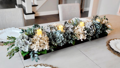Farmhouse Table Centerpiece – Hydrangea Wood Box with Candles