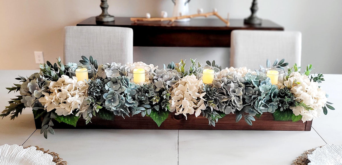 Farmhouse Table Centerpiece – Hydrangea Wood Box with Candles