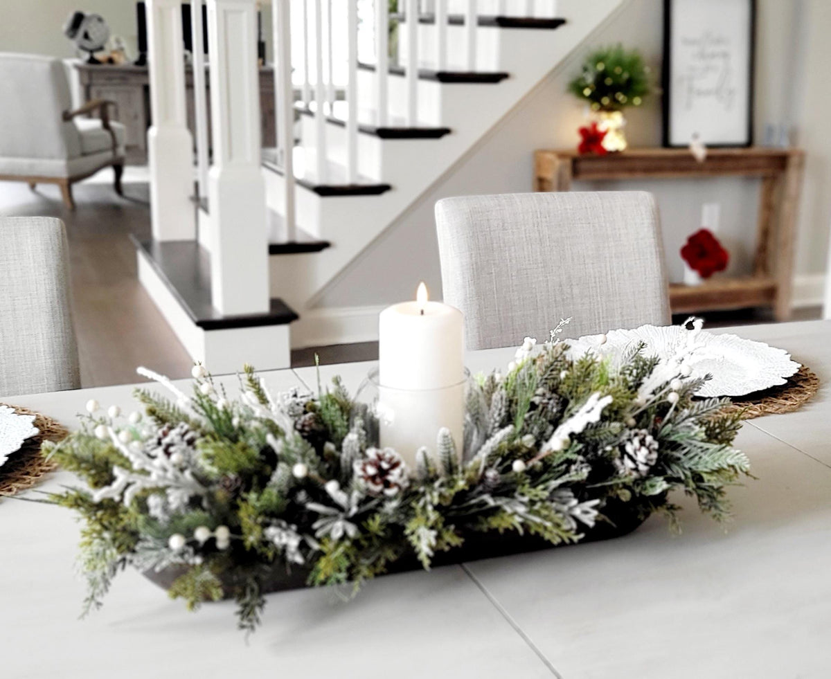 Winter Table Centerpiece Farmhouse Rustic Style White Candle Display Wooden Dough Bowl Arrangement Hand Carved Tray Frosted Pine Branches Berry Accents Dining Room Styling Wedding Reception Display Coffee Table Mantel Styling Ready To