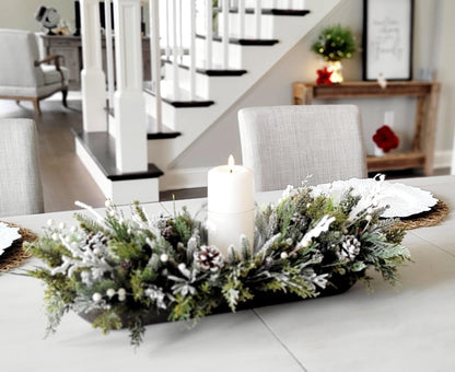 Winter Table Centerpiece Farmhouse Rustic Style White Candle Display Wooden Dough Bowl Arrangement Hand Carved Tray Frosted Pine Branches Berry Accents Dining Room Styling Wedding Reception Display Coffee Table Mantel Styling Ready To
