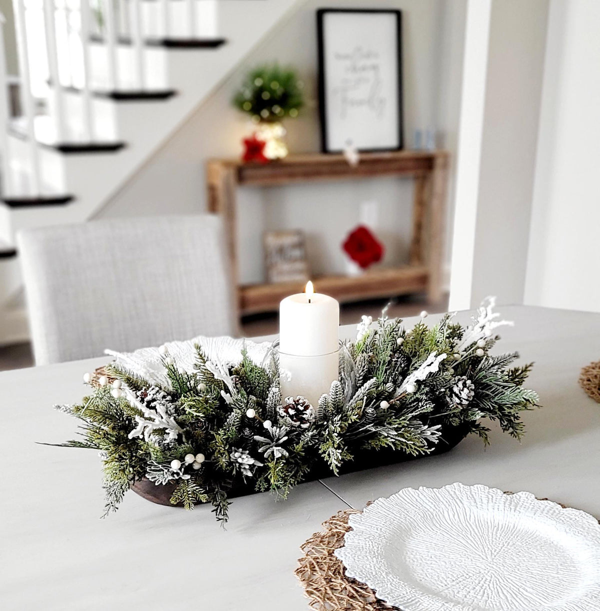 Hand Carved Wooden Tray Winter Centerpiece White Candle Arrangement Farmhouse Dining Display Rustic Dough Bowl Styling Frosted Pine Berry Accents All White Winter Theme Ready To Display Wedding Reception Mantel Coffee Table Home Styling