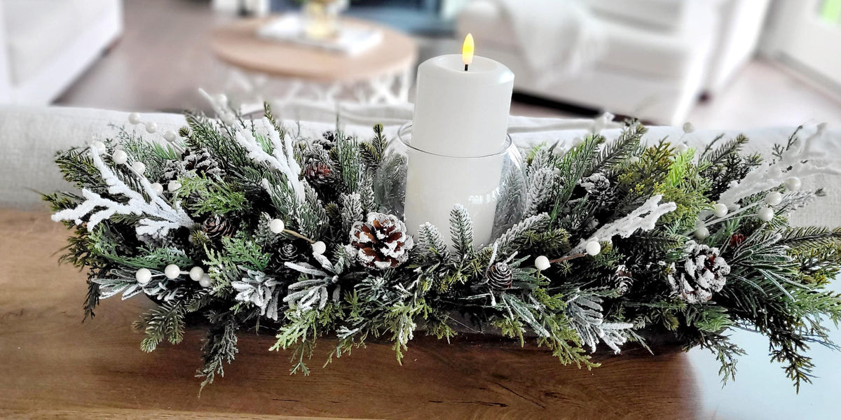 Farmhouse Dining Table Centerpiece All White Winter Arrangement Wooden Dough Bowl Display Hand Carved Rustic Tray White Candle Styling Frosted Pine Branches Berry Accents Ready To Display Wedding Reception Gift Idea Mantel Coffee Table