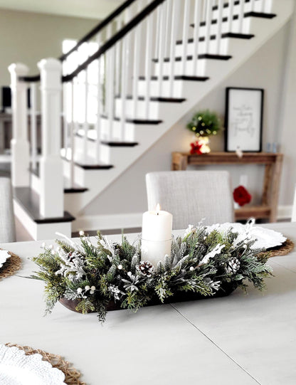 Rustic Winter Centerpiece Wooden Dough Bowl Display White Candle Arrangement Farmhouse Home Styling Hand Carved Tray Frosted Pine Berry Accents Dining Table Wedding Reception Mantel Coffee Table Ready To Display Gift Idea Seasonal