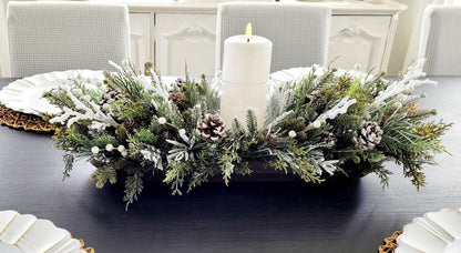 Winter Table Centerpiece – Wooden Dough Bowl with White Candle Decor