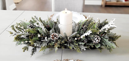 Winter Table Centerpiece – Wooden Dough Bowl with White Candle Decor