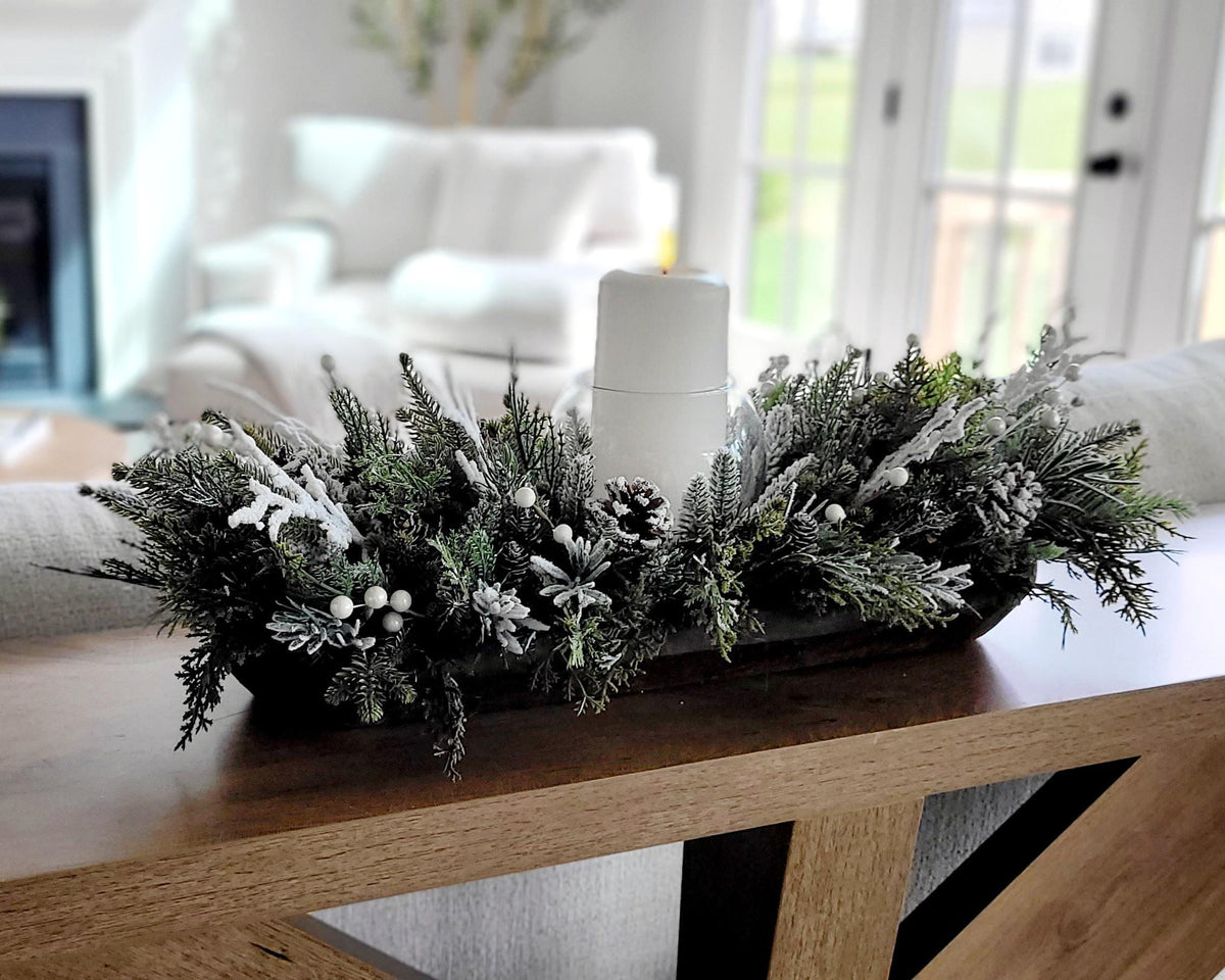 Winter Table Centerpiece – Wooden Dough Bowl with White Candle Decor