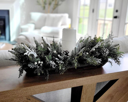 Winter Table Centerpiece – Wooden Dough Bowl with White Candle Decor