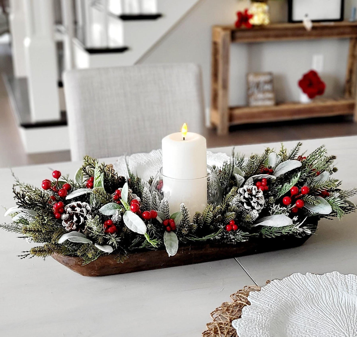 Winter Table Centerpiece – Wooden Dough Bowl with White Candle Decor