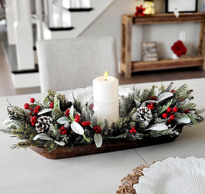 Winter Table Centerpiece – Wooden Dough Bowl with White Candle Decor