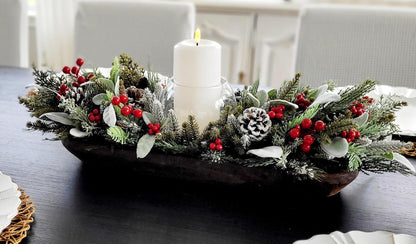 Winter Table Centerpiece – Wooden Dough Bowl with White Candle Decor