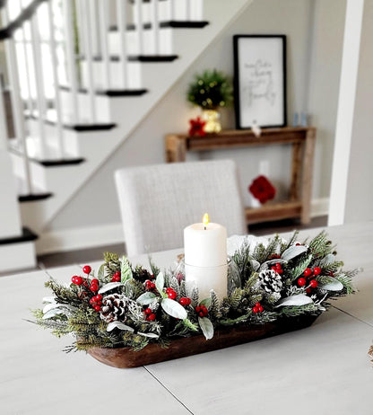 Winter Table Centerpiece – Wooden Dough Bowl with White Candle Decor