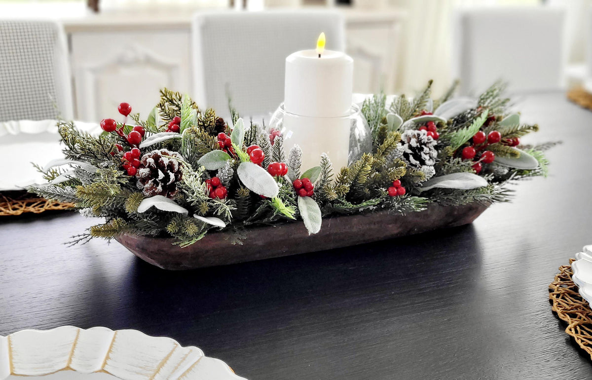 Winter Table Centerpiece – Wooden Dough Bowl with White Candle Decor