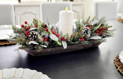 Winter Table Centerpiece – Wooden Dough Bowl with White Candle Decor