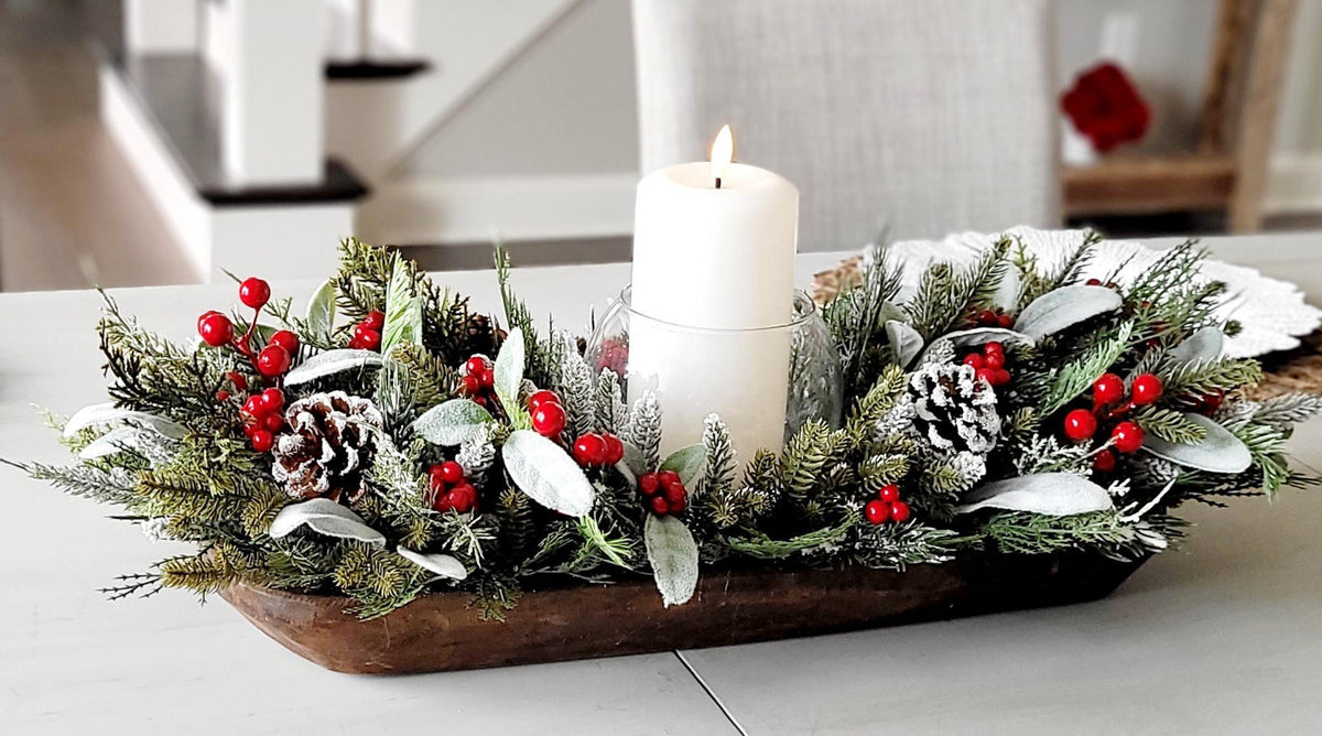 Winter Table Centerpiece – Wooden Dough Bowl with White Candle Decor