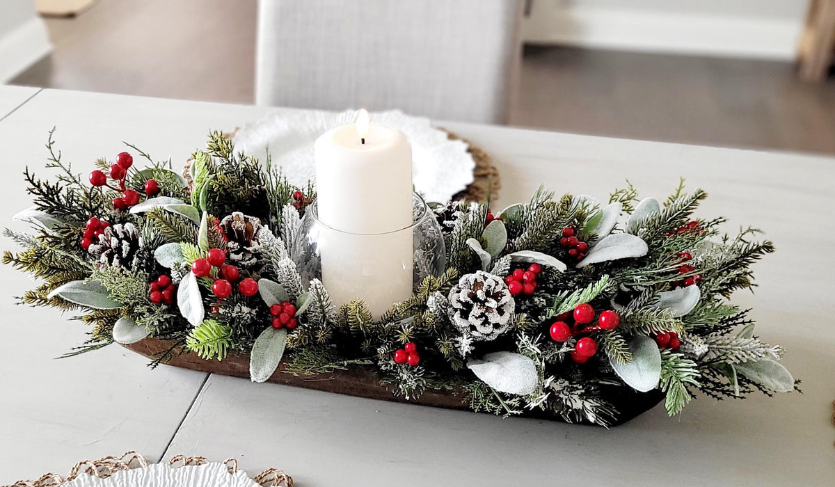 Winter Table Centerpiece – Wooden Dough Bowl with White Candle Decor