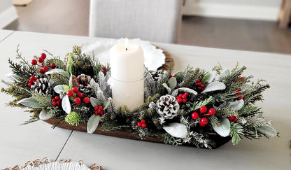 Winter Table Centerpiece – Wooden Dough Bowl with White Candle Decor