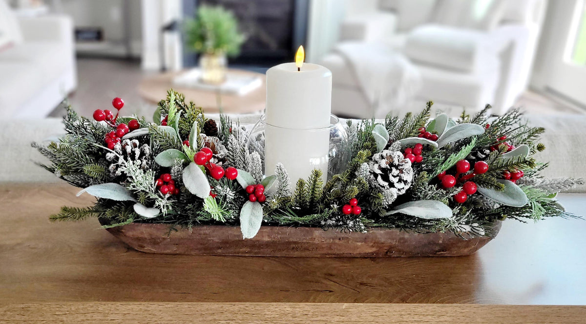 Winter Table Centerpiece – Wooden Dough Bowl with White Candle Decor