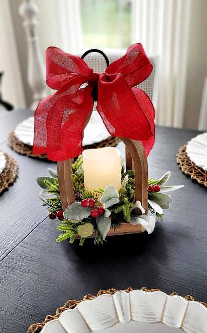Holiday Table Centerpiece Rustic Wooden Lantern Frame Christmas Farmhouse Styling Battery Operated Flameless LED Candle Safe Light Source Red Berry Pine Greenery Festive Bow Accent Winter Home Gift Seasonal Mantel Display Dining Room