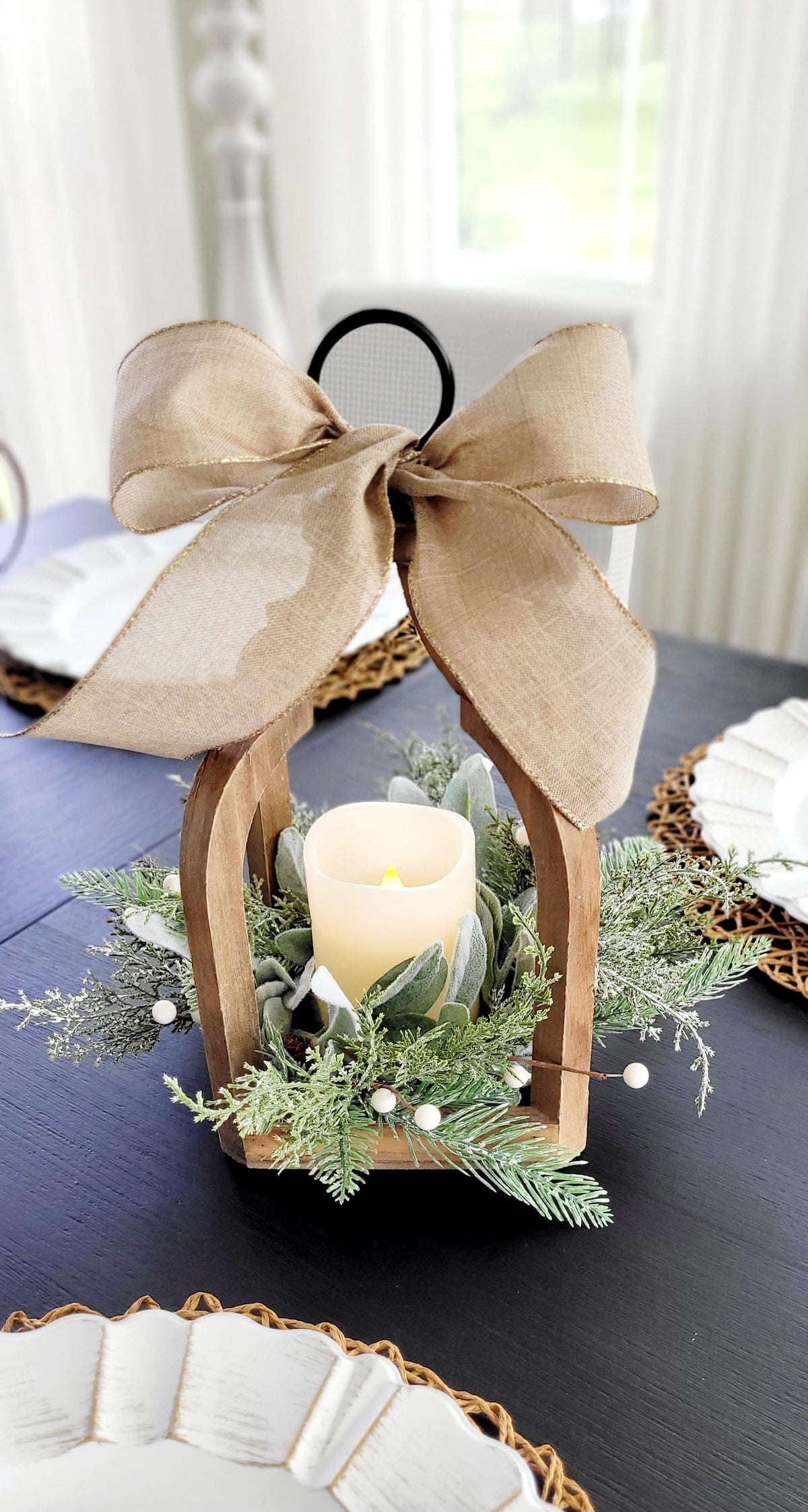 Christmas Lantern Centerpiece – Rustic Wooden Flameless