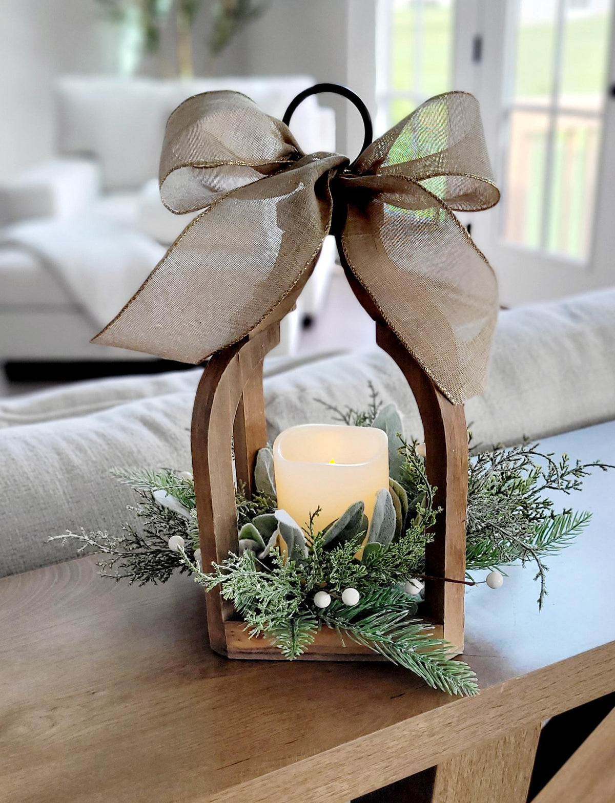 Christmas Lantern Centerpiece – Rustic Wooden Flameless