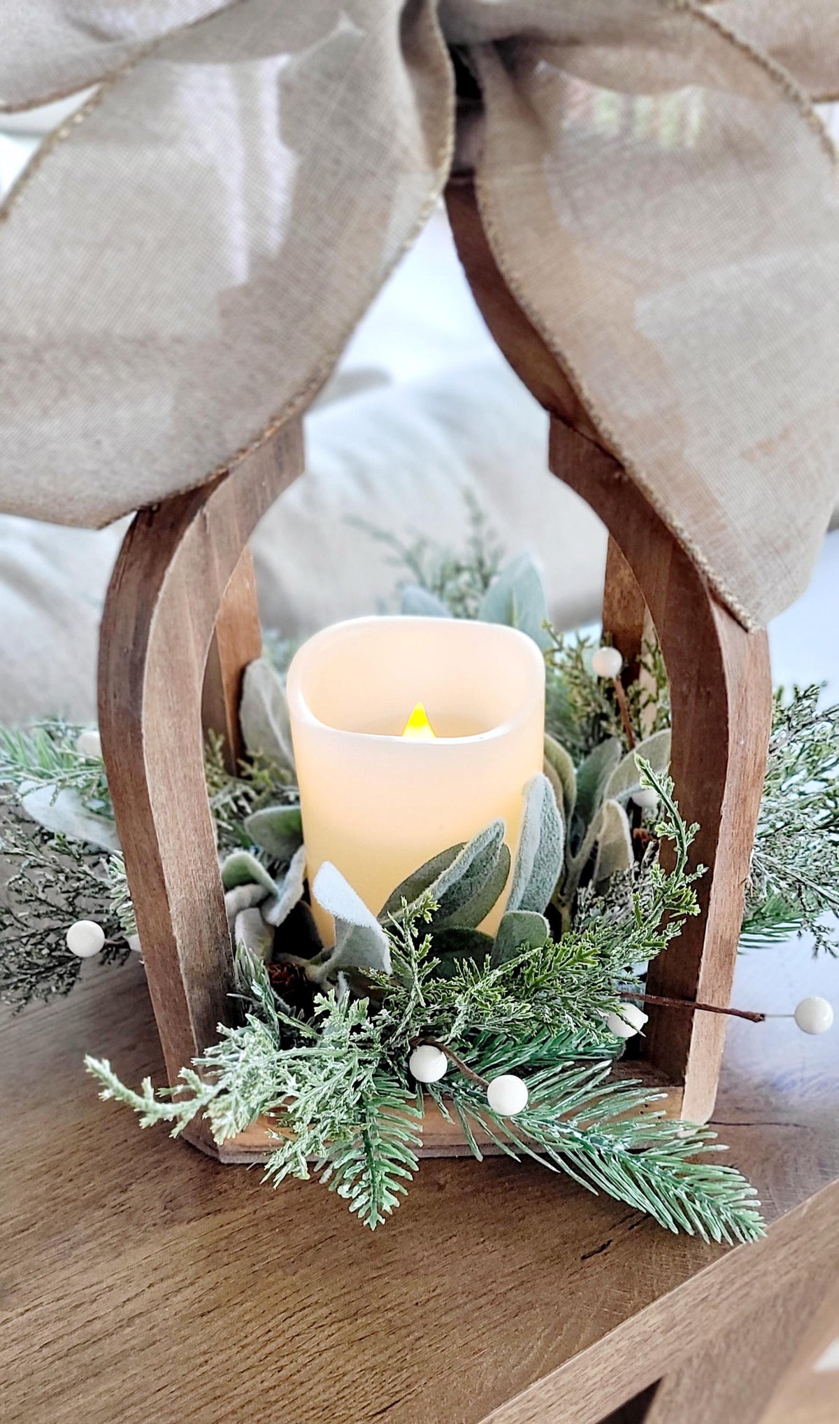 Christmas Lantern Centerpiece – Rustic Wooden Flameless