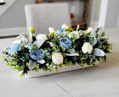 Farmhouse Table Centerpiece Blue White Silk Flower Arrangement Wooden Dough Bowl Display Dining Room Kitchen Island Console Table Styling Rustic Home Accent Artificial Peony Collection Lambs Ear Greenery Ready To Display Design Maintenance