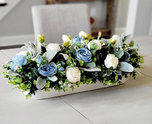Farmhouse Table Centerpiece Blue White Silk Flower Arrangement Wooden Dough Bowl Display Dining Room Kitchen Island Console Table Styling Rustic Home Accent Artificial Peony Collection Lambs Ear Greenery Ready To Display Design Maintenance