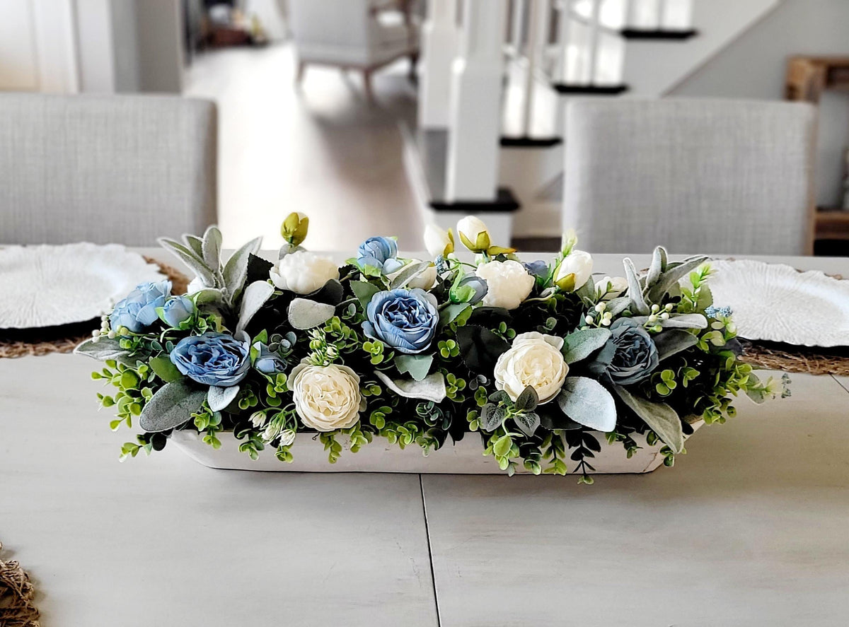 Blue White Silk Flower Arrangement Farmhouse Centerpiece Wooden Dough Bowl Display Artificial Peony Collection Dining Table Kitchen Island Styling Rustic Home Accent Lambs Ear Greenery Design Ready To Display Maintenance Free Year Round