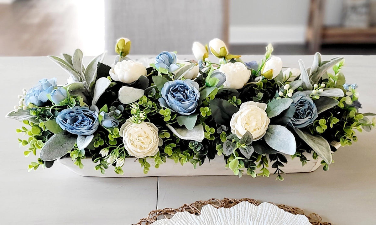 Wooden Dough Bowl Centerpiece Farmhouse Table Display Blue White Silk Flower Arrangement Rustic Home Styling Artificial Peony Collection Dining Room Kitchen Island Console Table Accent Lambs Ear Greenery Design Maintenance Free Ready To