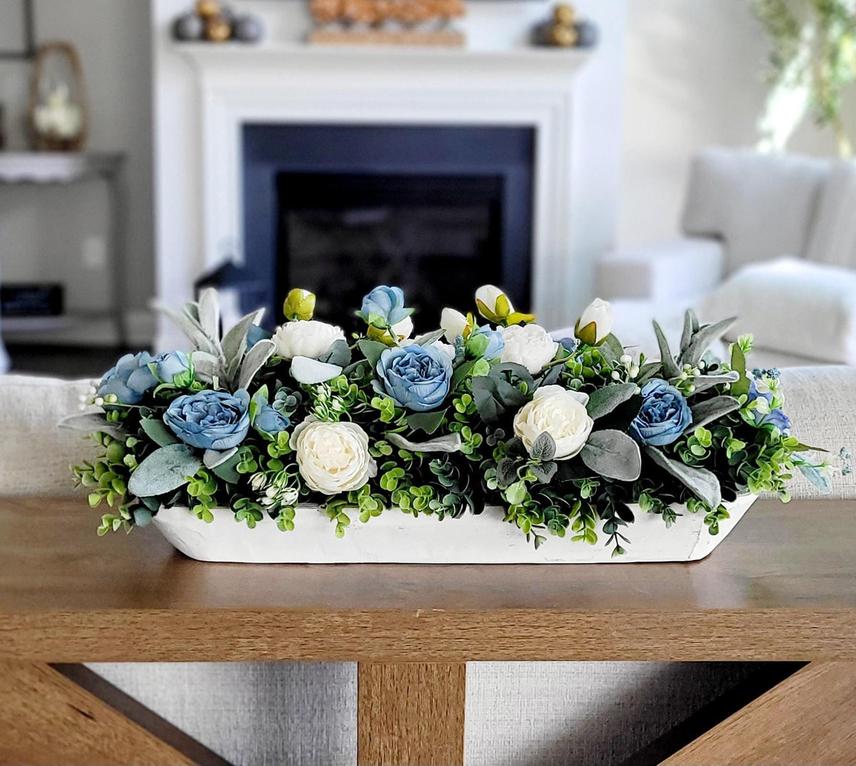 Ready To Display Farmhouse Centerpiece Blue White Silk Flower Arrangement Wooden Dough Bowl Styling Perfect Housewarming Gift Dining Table Kitchen Island Console Accent Artificial Peony Collection Rustic Home Design Lambs Ear Greenery