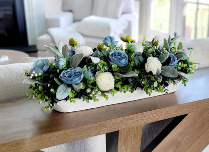 Farmhouse Table Centerpiece – Blue White Silk Flowers Dough Bowl