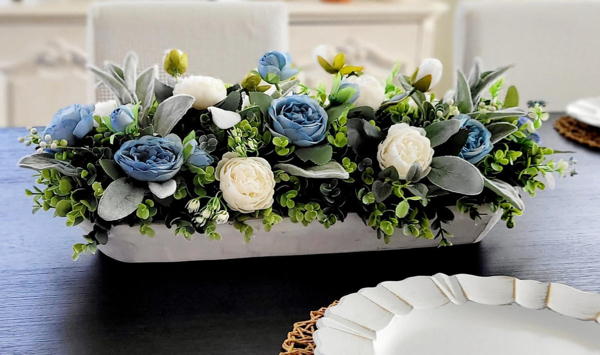 Farmhouse Table Centerpiece – Blue White Silk Flowers Dough Bowl