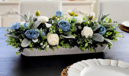 Farmhouse Table Centerpiece – Blue White Silk Flowers Dough Bowl