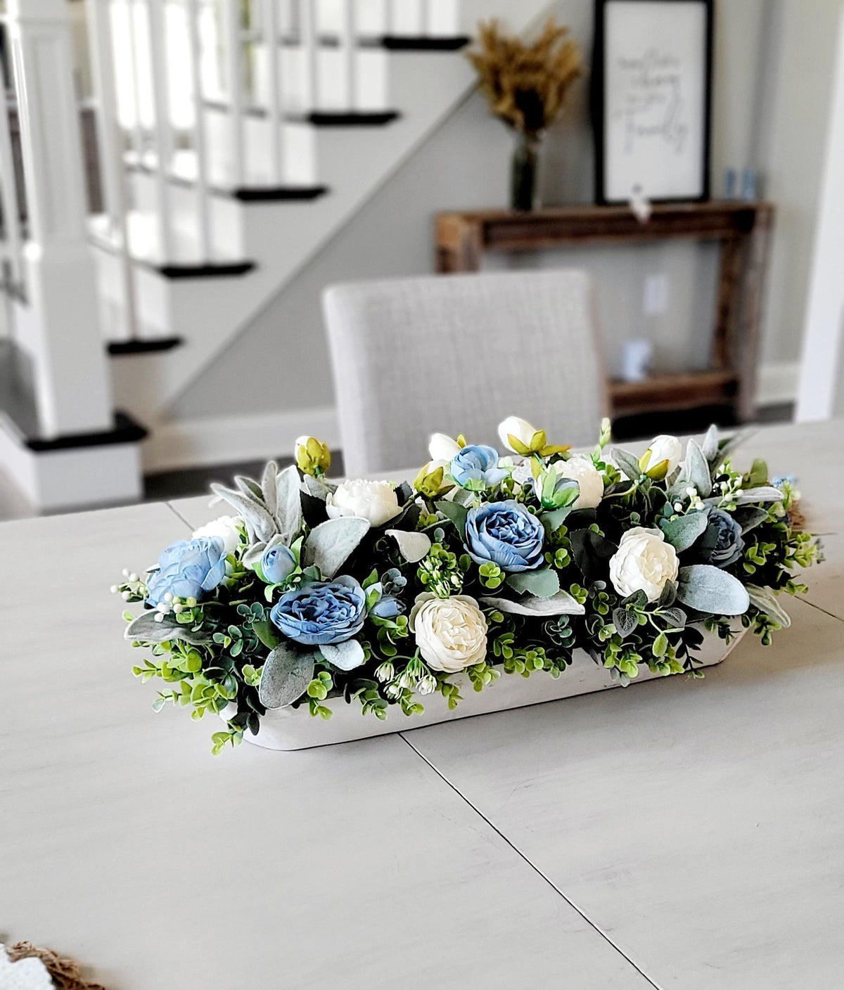 Farmhouse Table Centerpiece – Blue White Silk Flowers Dough Bowl