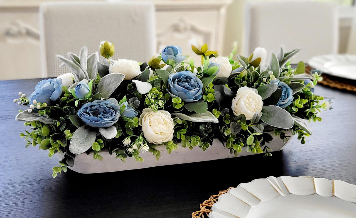 Farmhouse Table Centerpiece – Blue White Silk Flowers Dough Bowl