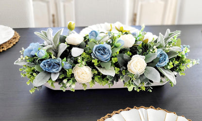 Farmhouse Table Centerpiece – Blue White Silk Flowers Dough Bowl