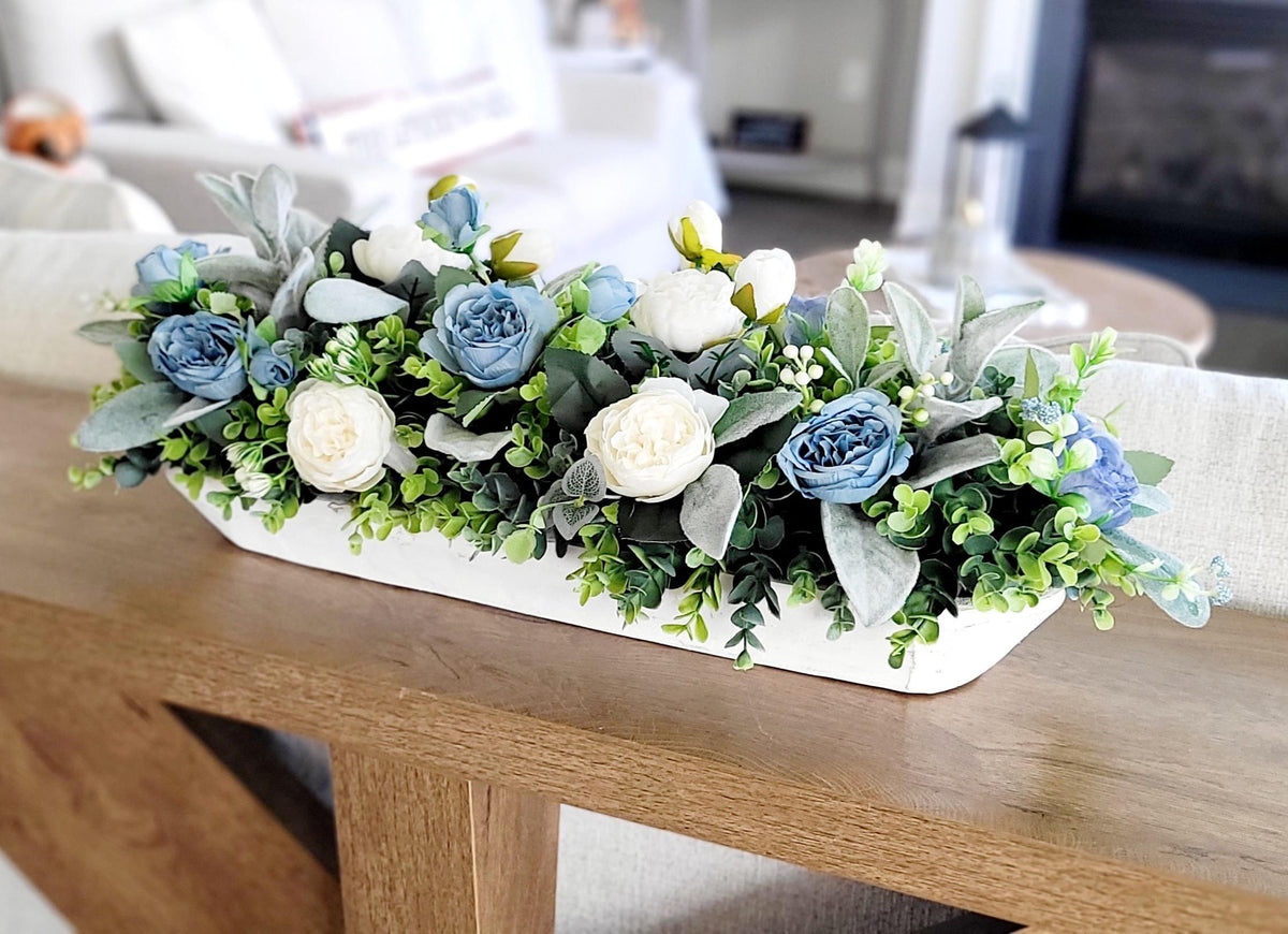 Farmhouse Table Centerpiece – Blue White Silk Flowers Dough Bowl