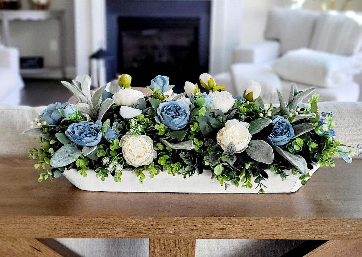Farmhouse Table Centerpiece – Blue White Silk Flowers Dough Bowl
